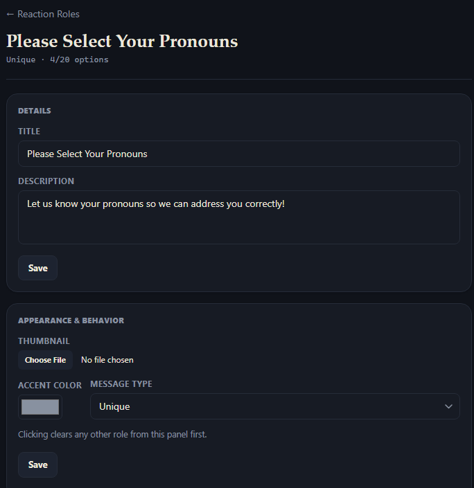 A panel's page in the Dashboard, showing its Details and Appearance & Behavior forms.