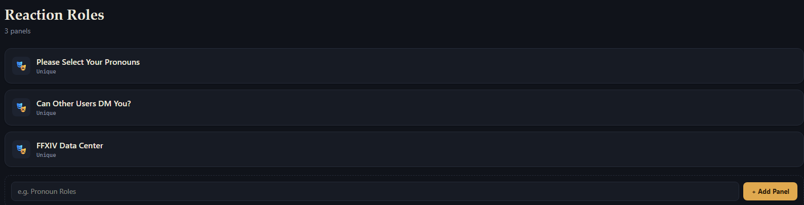 The Reaction Roles list page in the Dashboard, showing three panels with their Message Type and a New Panel field.