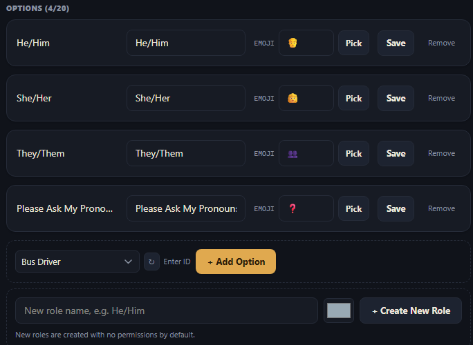 The Options section on a panel's Dashboard page, showing four role options with Label/Emoji/Pick/Save/Remove, an existing-role picker, and a Create New Role form.