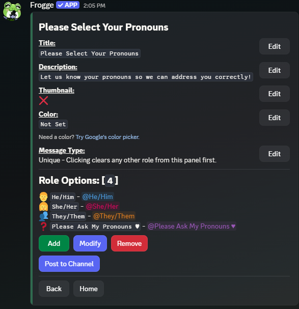 A panel's detail screen in Discord, showing Title, Description, Thumbnail, Color, Message Type, and its Role Options.