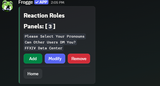 The Reaction Roles home screen in Discord, listing three panels with Add, Modify, Remove, and Home buttons.