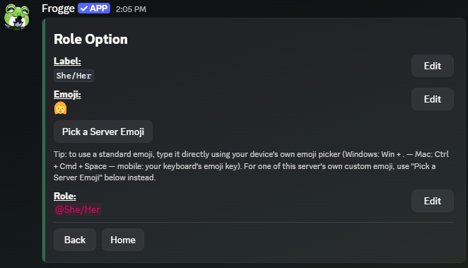 A role option's detail screen in Discord, showing Label, Emoji, and Role fields each with their own Edit button.