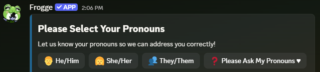 A posted reaction role panel in Discord, showing its title, description, and four role buttons.