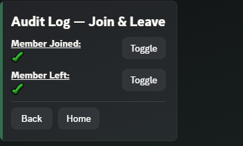 The Join & Leave category screen in Discord, showing Member Joined and Member Left toggles.