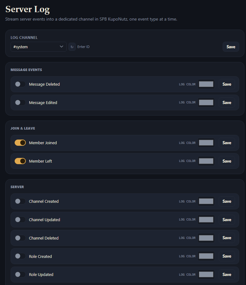 The Server Log page in the Dashboard, showing the Log Channel picker and Message Events/Join & Leave/Server categories, each event with a toggle and a color picker.