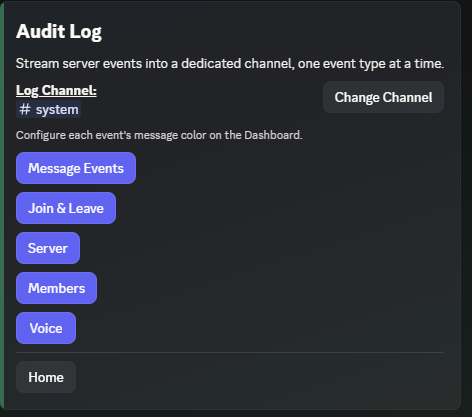 The Audit Log home screen in Discord, showing the Log Channel and category buttons (Message Events, Join & Leave, Server, Members, Voice).