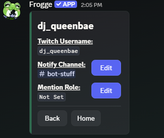 A tracked stream's detail screen in Discord, showing its read-only Twitch Username plus Notify Channel and Mention Role fields each with their own Edit button.