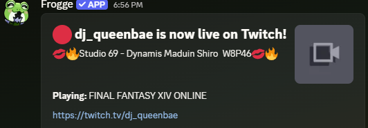 A posted "went live" notification in Discord, showing the stream's title, game, and a link to the channel.