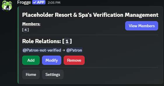The Verification admin home screen in Discord, showing Members and Role Relations sections with View Members, Add, Modify, Remove, Home, and Settings buttons.