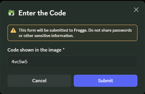 The captcha entry modal in Discord, with the code typed in and a Submit button; the passed-captcha Continue message shows behind it.