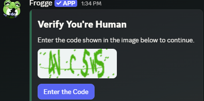The image captcha in Discord, showing a distorted code and an Enter the Code button.