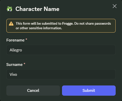 The Character Name modal in Discord, with Forename and Surname filled in.