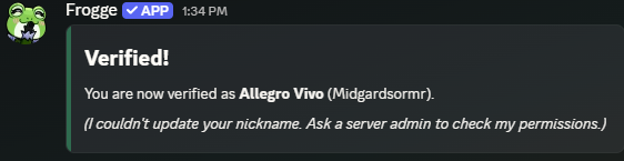The finishing "Verified!" message in Discord, confirming the character and world, with a note about a failed nickname update.