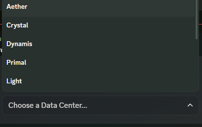 The Data Center select dropdown in Discord, open and listing Aether, Crystal, Dynamis, Primal, and Light.