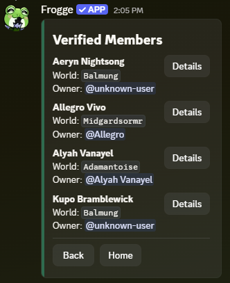 The Verified Members list in Discord, showing each member's character name, world, and owner with a Details button.