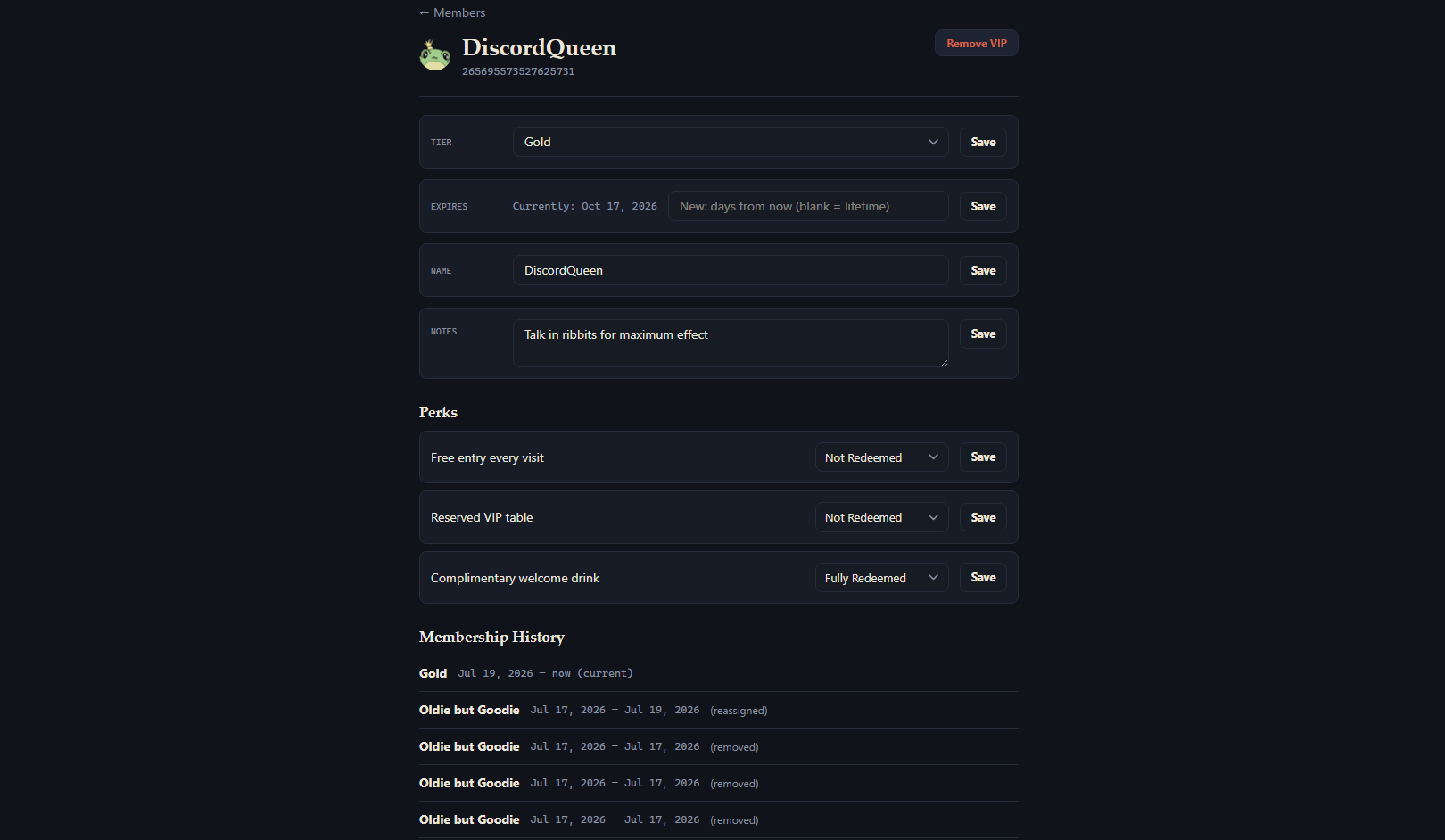 A VIP member's detail page in the Dashboard, showing Tier/Expires/Name/Notes, per-perk redemption dropdowns, and membership history.