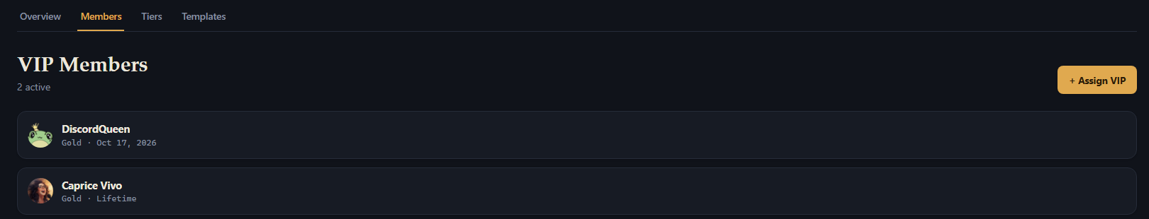 The VIP Members page in the Dashboard, listing two members with their tier and expiry.