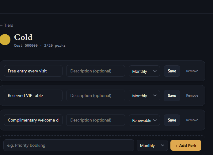 A tier's Perks page in the Dashboard, listing three perks with text, description, and repeatability fields.