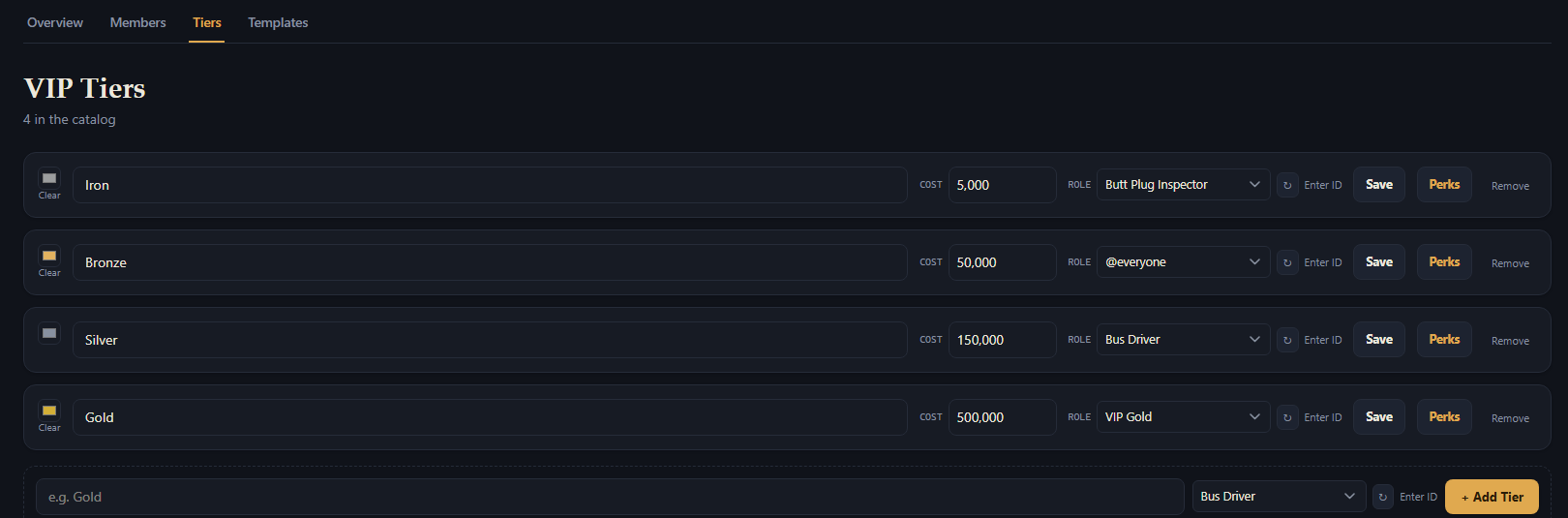 The VIP Tiers page in the Dashboard, listing four tiers each with a role picker and a Perks button.