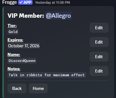 A VIP member's detail screen in Discord, showing Tier/Expires/Name/Notes.