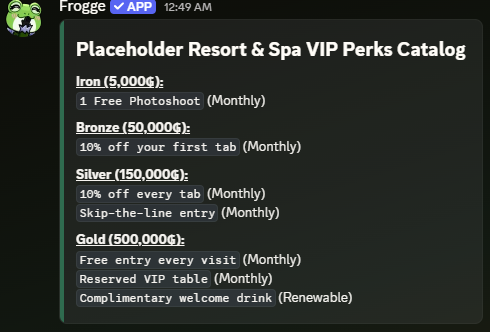 A posted VIP Perks Catalog message in Discord, grouped by tier.