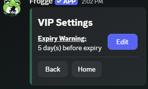 The VIP Settings screen in Discord, showing Expiry Warning with an Edit button.