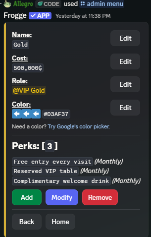 A tier's detail screen in Discord, showing Name/Cost/Role/Color and its Perks list.